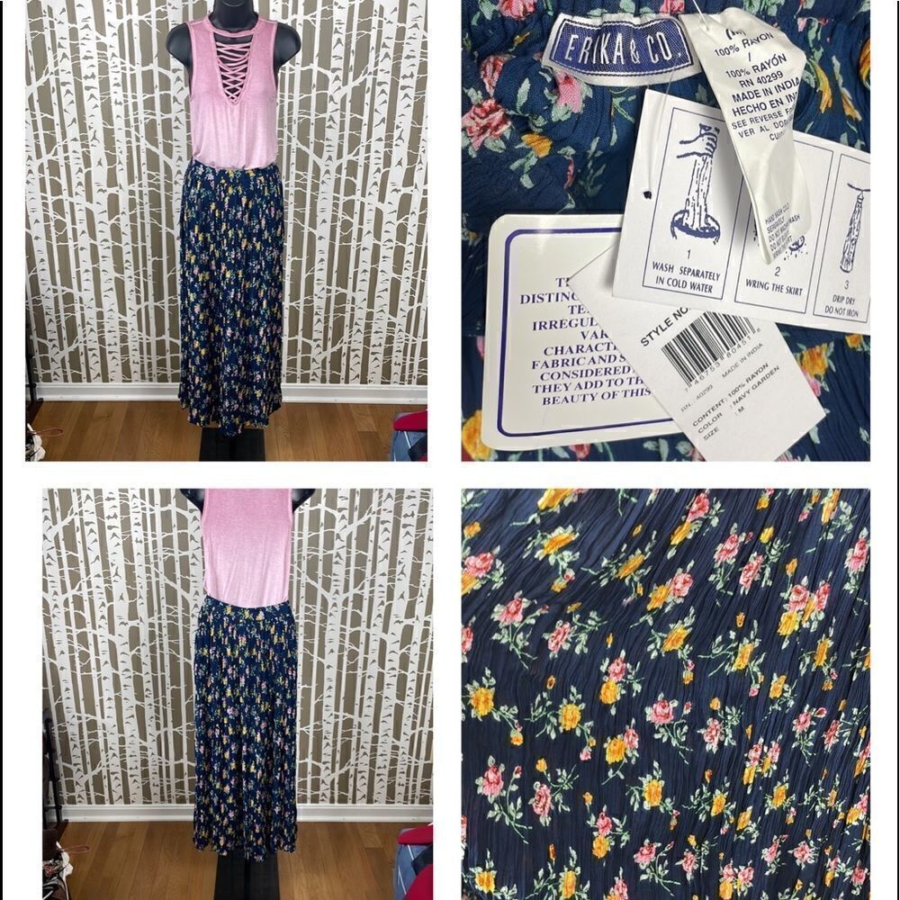 NEW Boho Navy Blue Floral Print Broomstick Maxi Skirt sz M